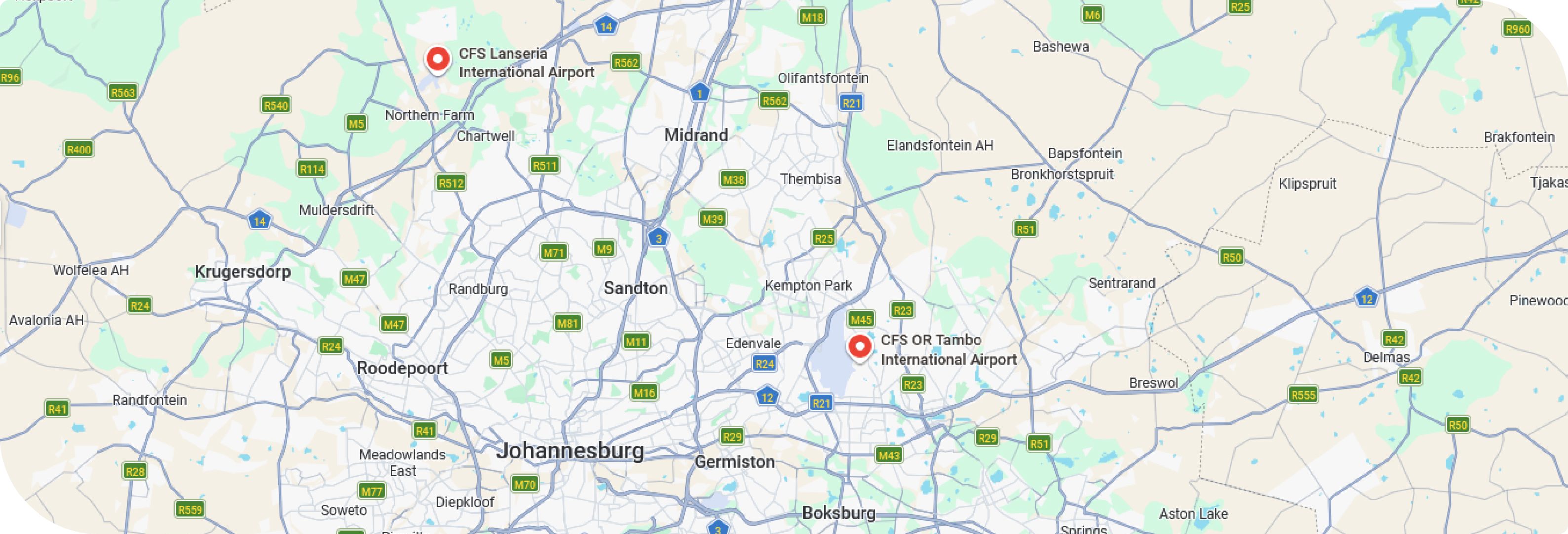 Map showing CFS at Lanseria and O.R. Tambo International Airports