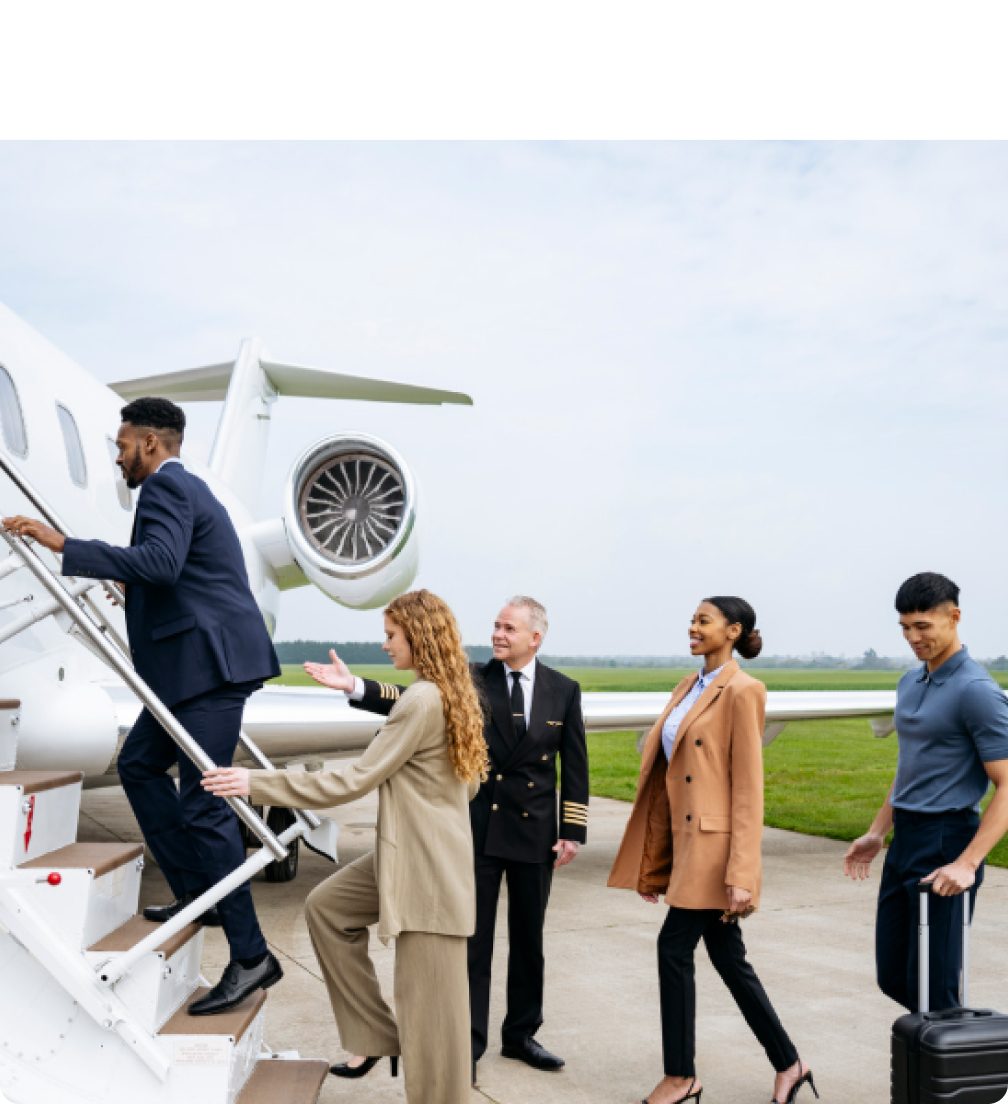 Group of travellers boarding a private jet